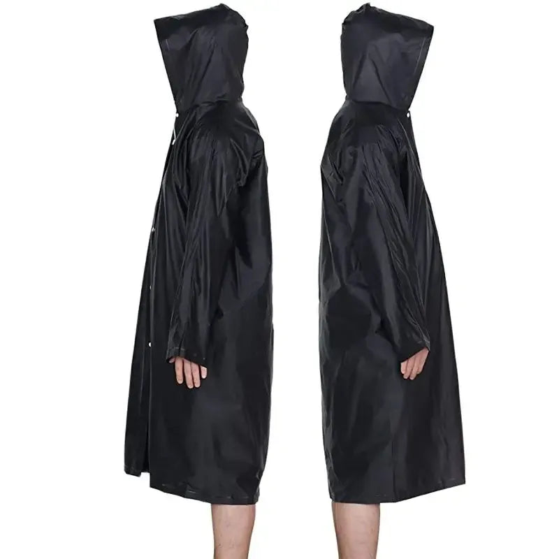 Mens Womens Long Hooded Raincoat Black Waterproof Jacket EVA Rainwear
