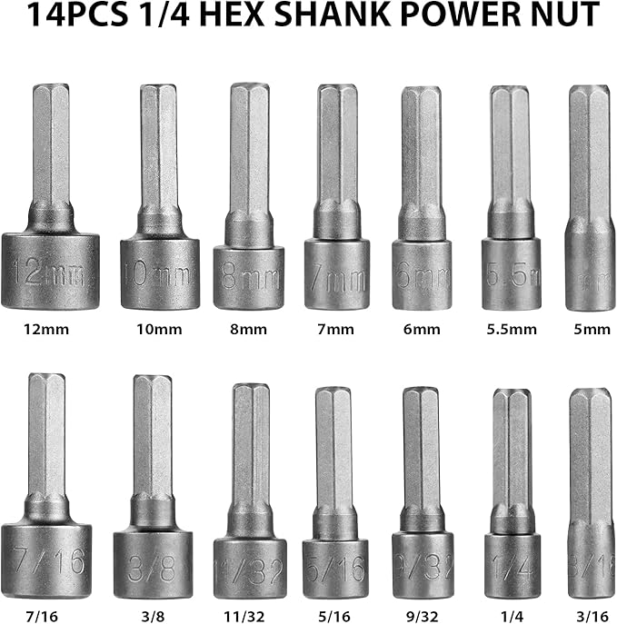 14x SAE Metric Socket Wrench Screw 1/4''Hex Shank Nut Driver Drill Bit Set
