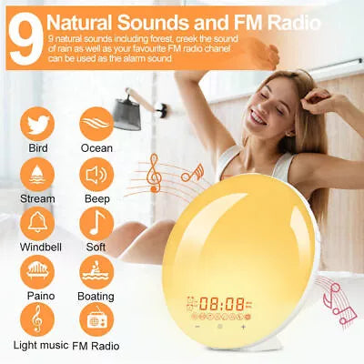LED Bedside Sounds Night Lamp FM Radio Wake up Light 7 Color Sunrise Alarm Clock