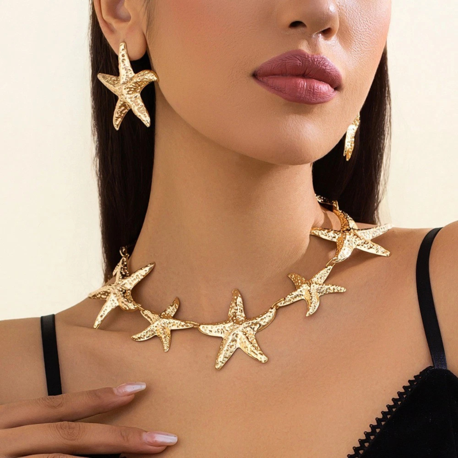 Choker Punk Necklace Metal Stud Earrings Gold Set Trendy Edgy Fashion Accessory