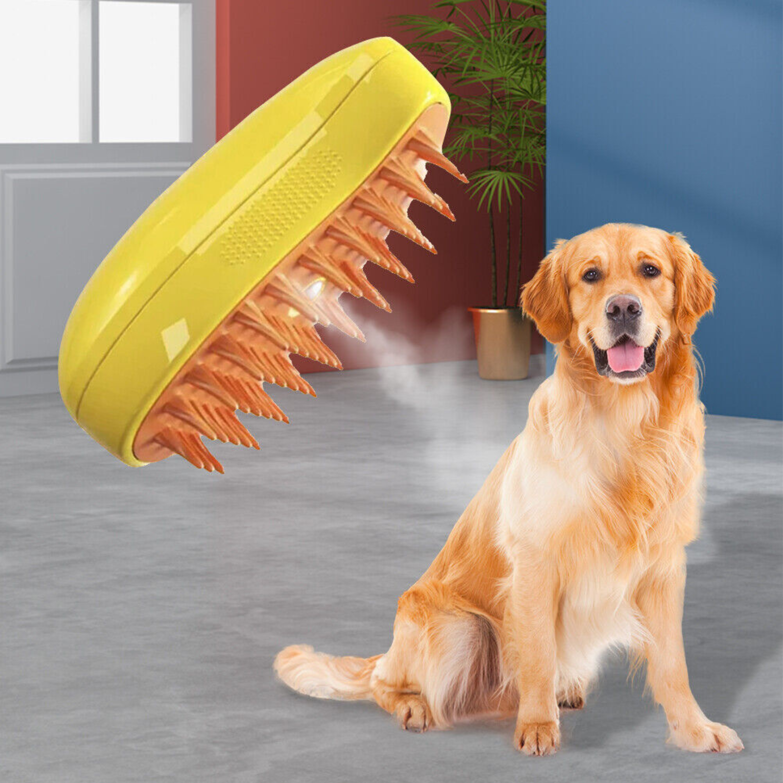 Yellow 3 In1 Dog Steamer Brush Bath Steamy Pet Brush Electric Spray Cat Brush