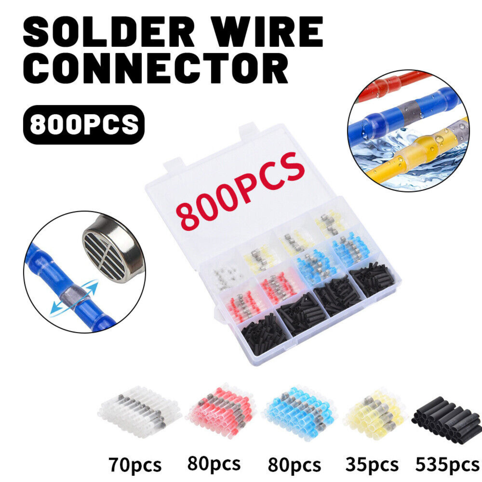800pcs Wire Connectors Terminals Waterproof Solder Seal Heat Shrink Sleeve