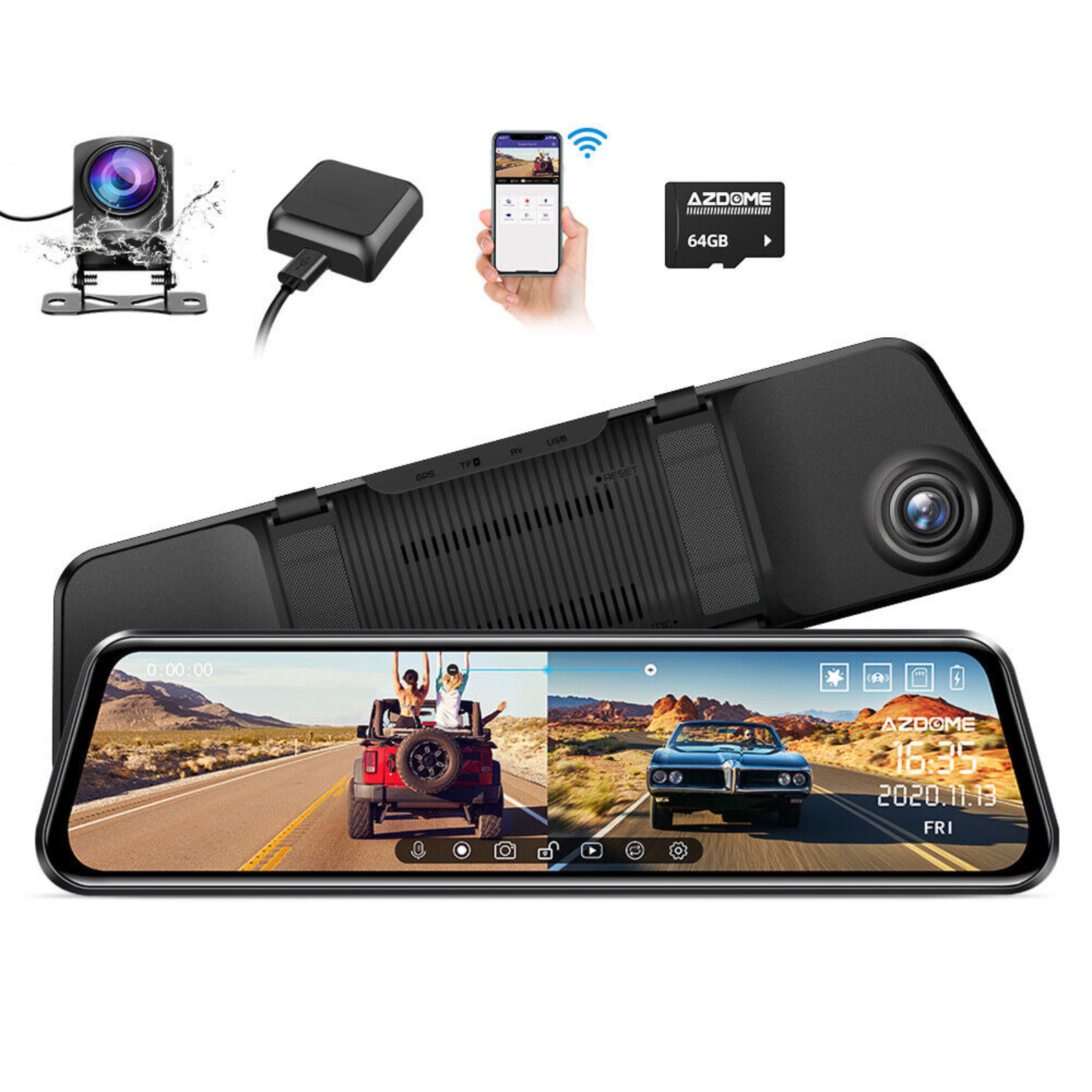 Dash Cam 12" WIFI Camera Car AZDOME 2K+1080P DVR Cam Reversing Mirror Recorder