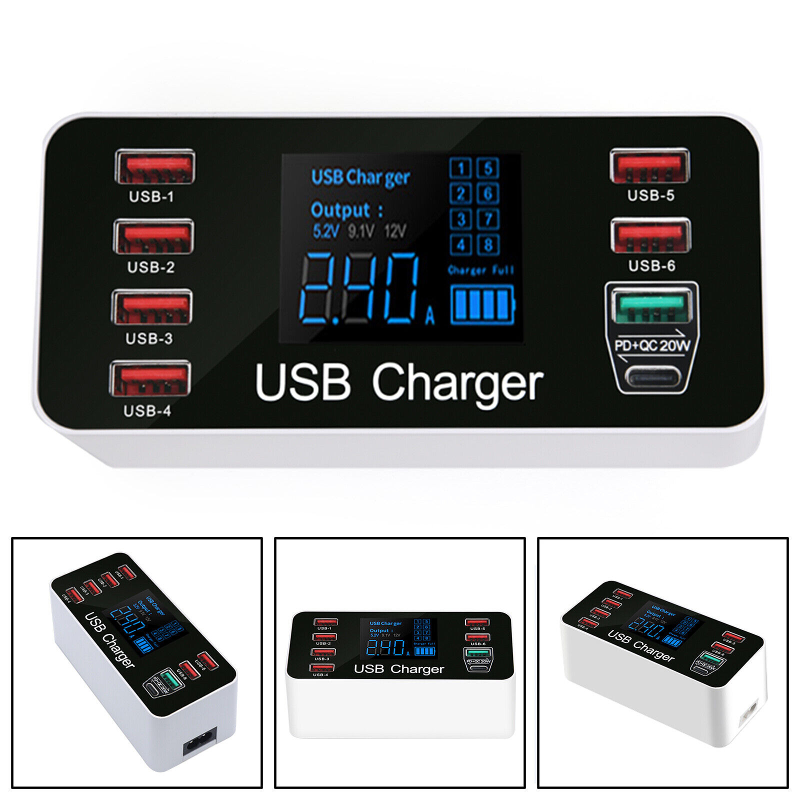 Desktop Phone Charger Dock Hub 8 Ports Multi USB Charging Station QC 3.0 Type-C