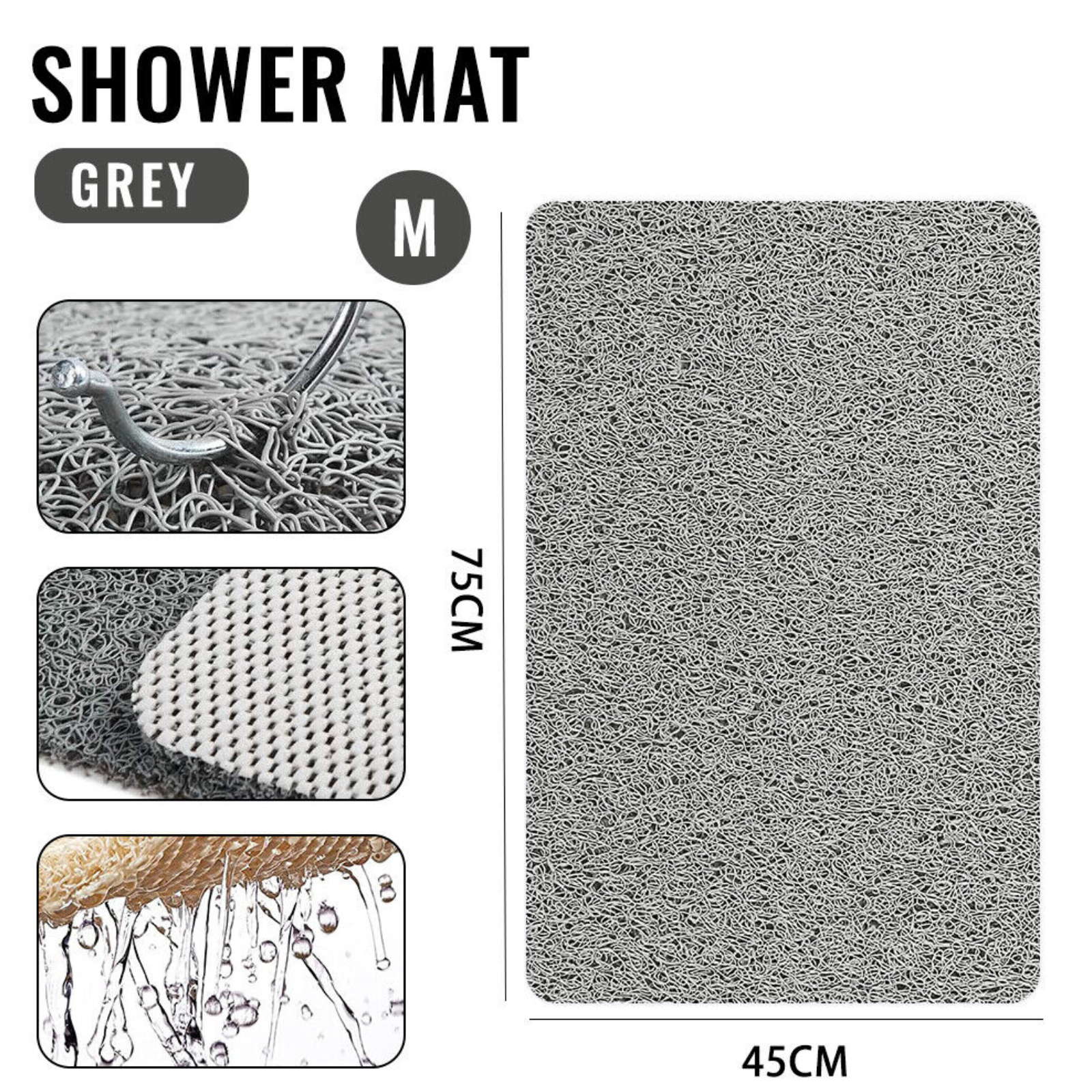 Grey Bath Mat Carpet Water Drains Shower Bath Shower Rug Anti Slip Loofah