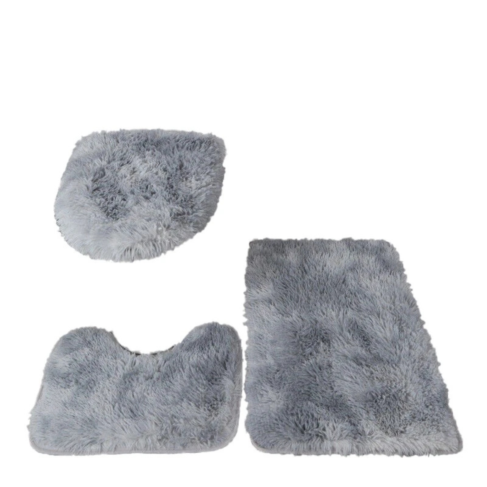 Grey Fluffy Bathroom Mat Set 3x Anti Slip Washable Floor Rugs