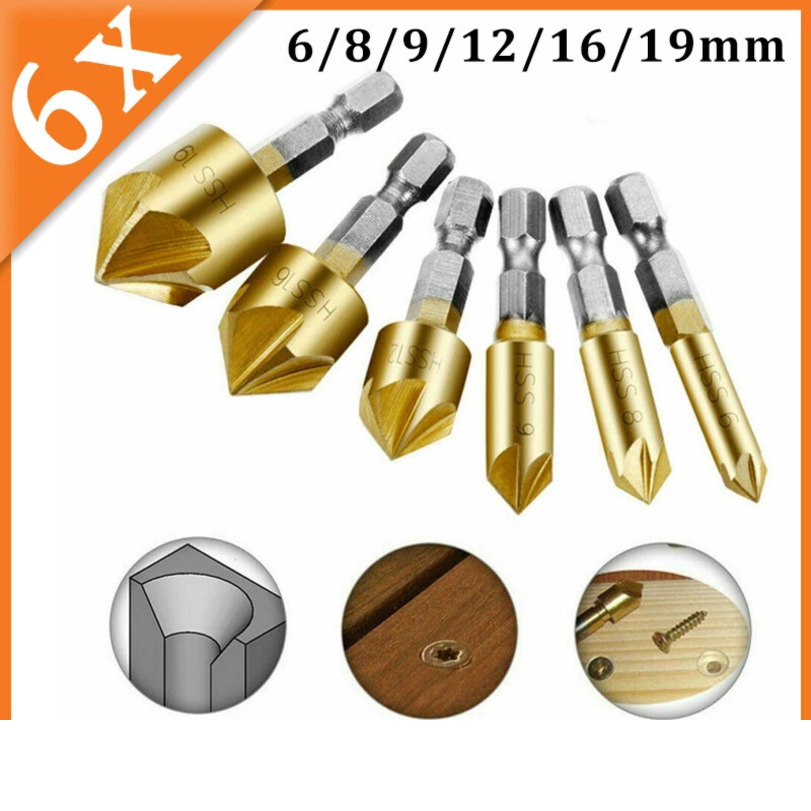 6X Chamfer Countersink Drill Bit Set Deburring Tool for Wood Metal