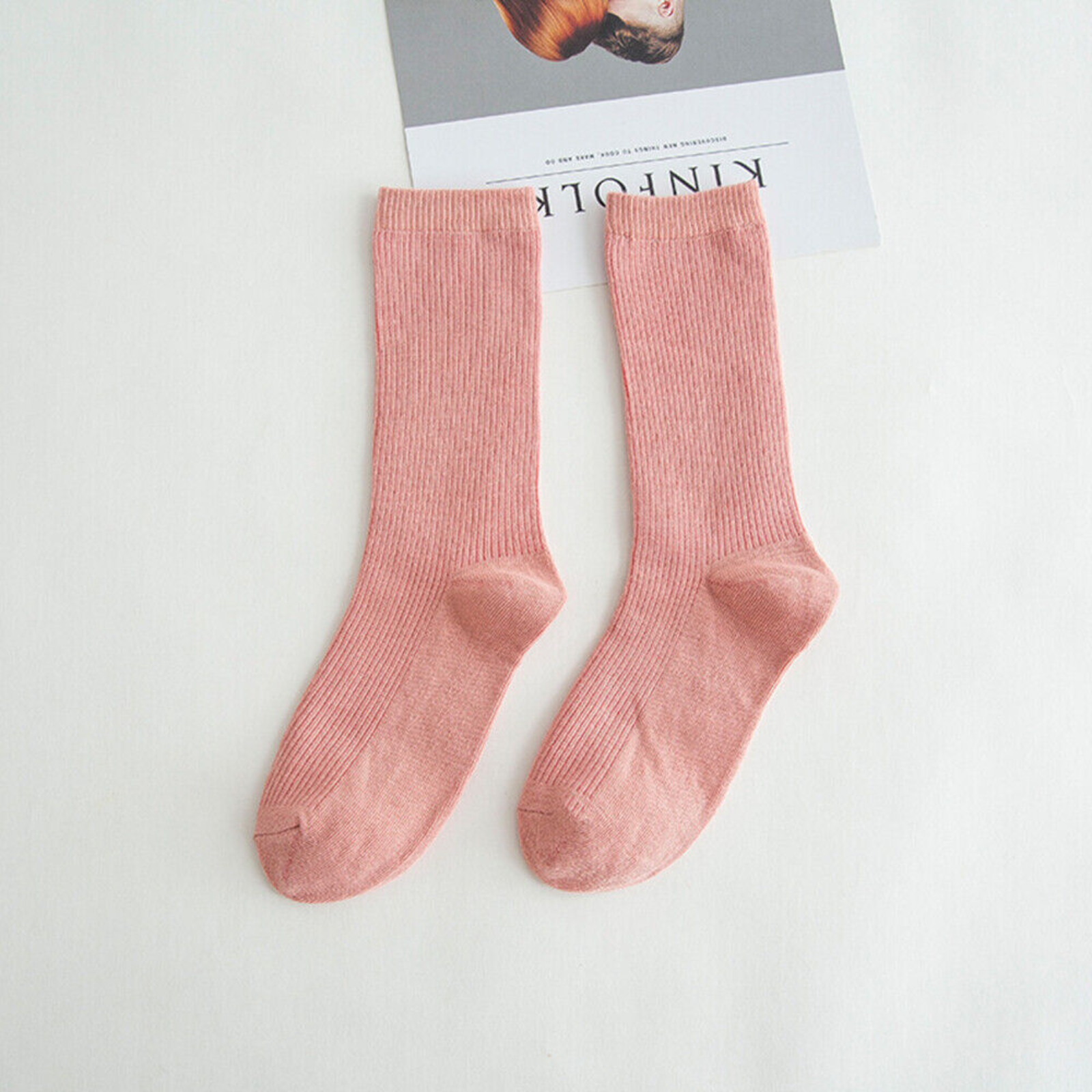 Light Pink Cotton Casual Crew Socks Pure Color Fashion Formal Breathable