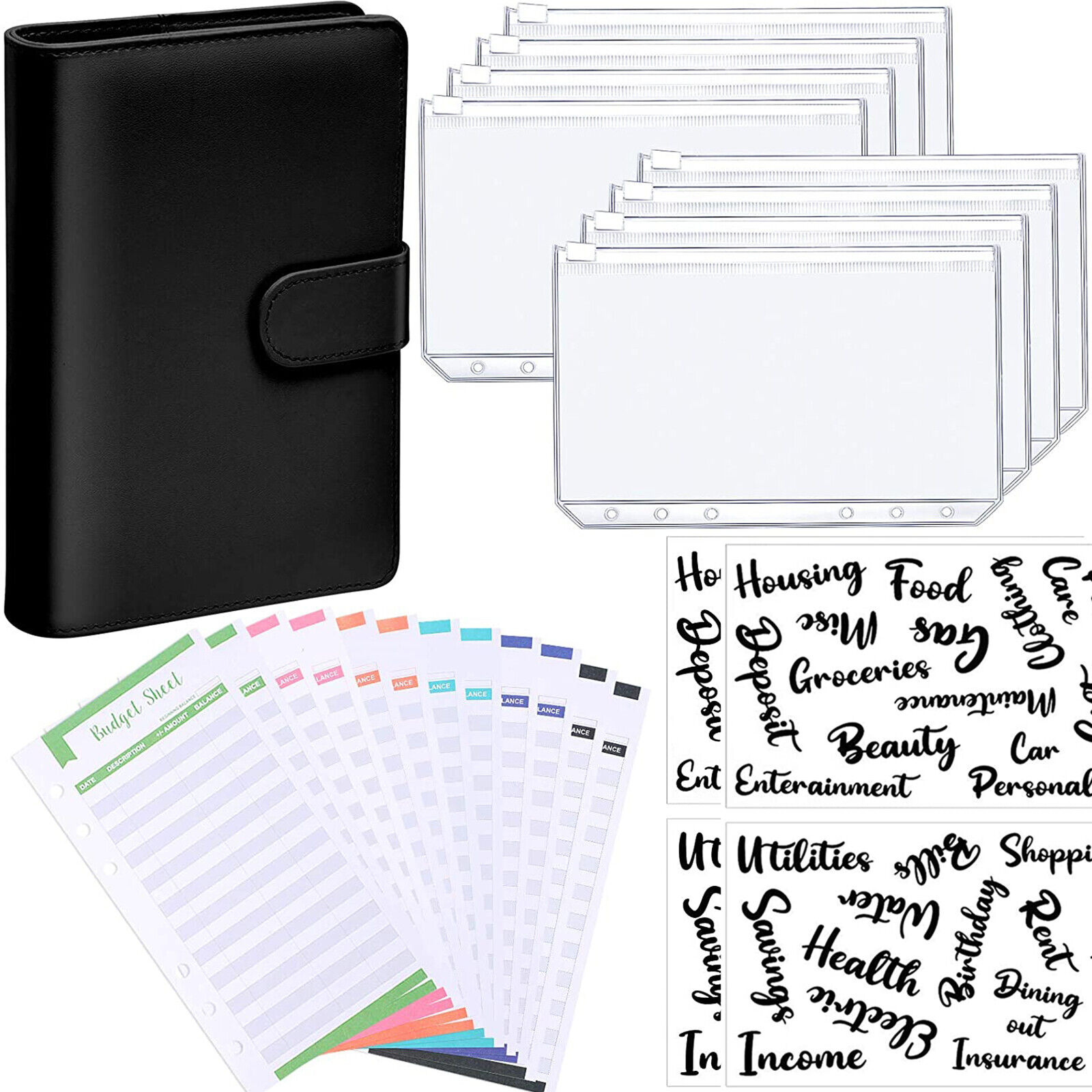 Black Notebook Binder Budget Planner PU Leather Organizer Cover Cash Pockets