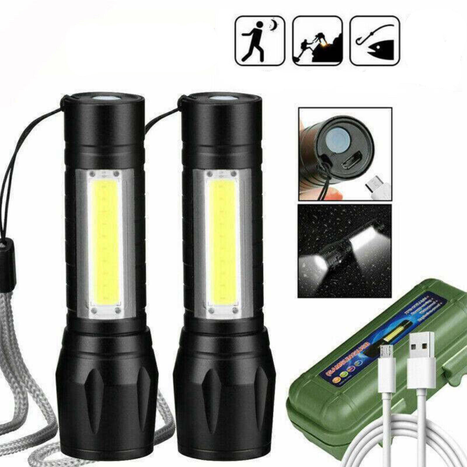 1200000lm LED Flashlight USB Rechargeable Tactical Light 2pcs Super Bright Torch