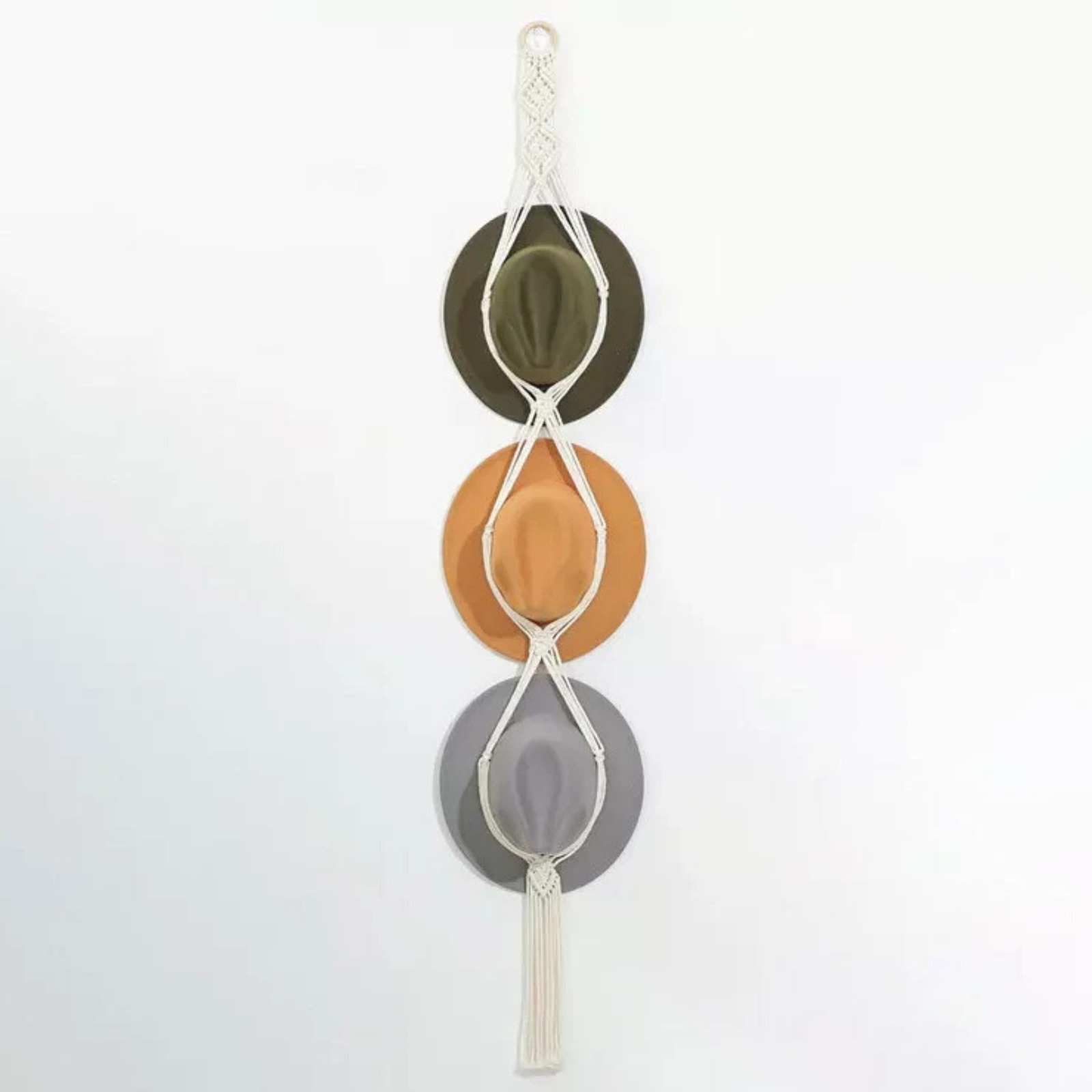 Boho Hand-Woven Macrame Hat Hanger Holds 3 Hats, Rustic Wall Decor