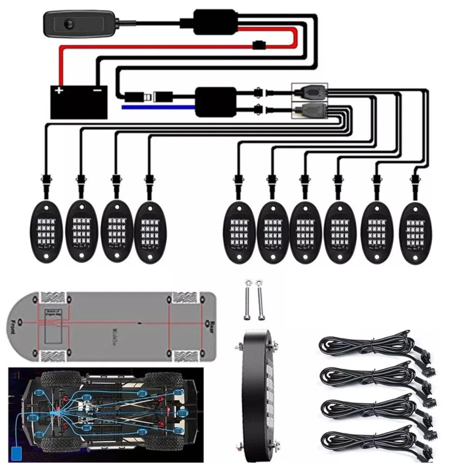 RGB LED Rock Lights 10 Pods Offroad Vehicle Underglow Kit Remote Controlled