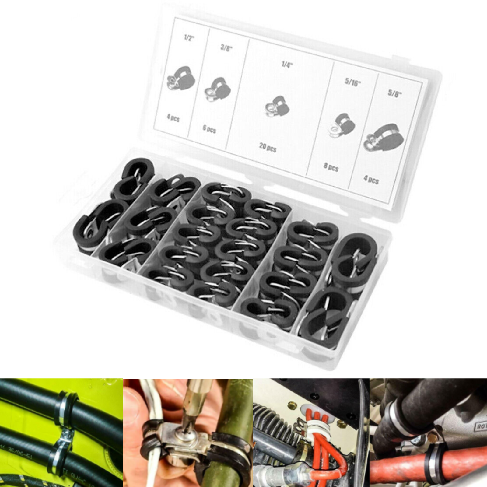 Cable Hose Pipe Clamps Set 42X EPDM Rubber Lined P Clips Holder Air Clip Clamp