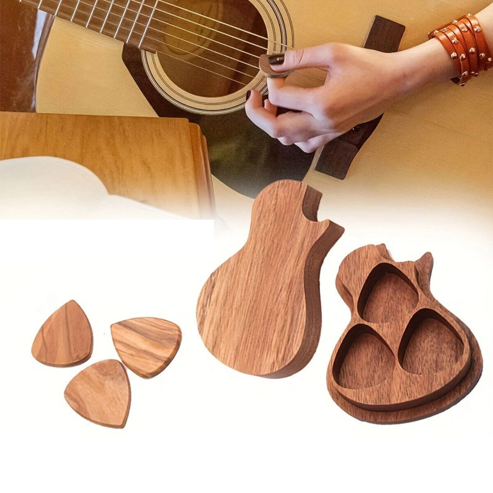 Wooden Guitar Pick Holder Organizer Plectrum Storage Case Box