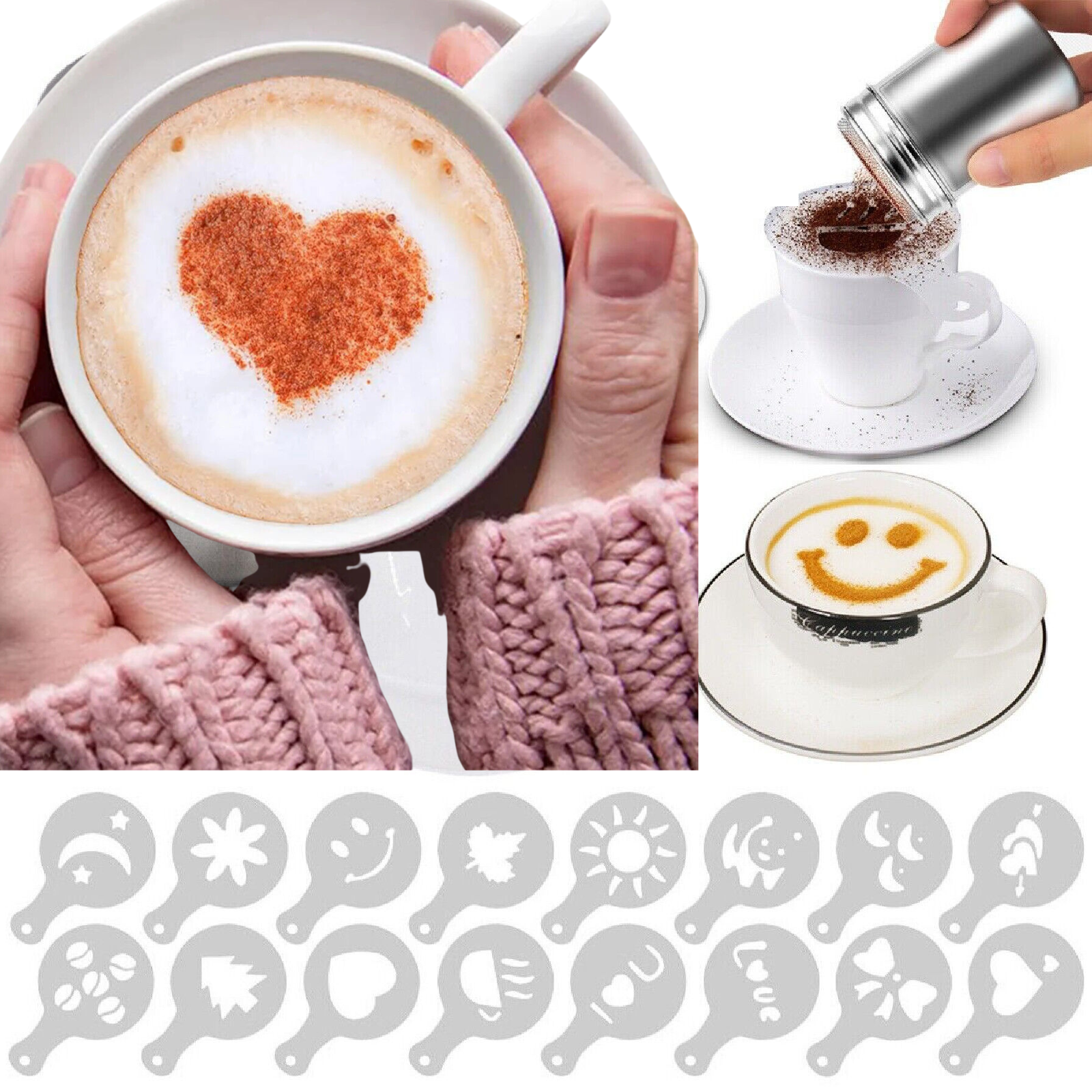 16x Coffee Decor Stencils Coffee Shaker Flour Duster Chocolate Powder