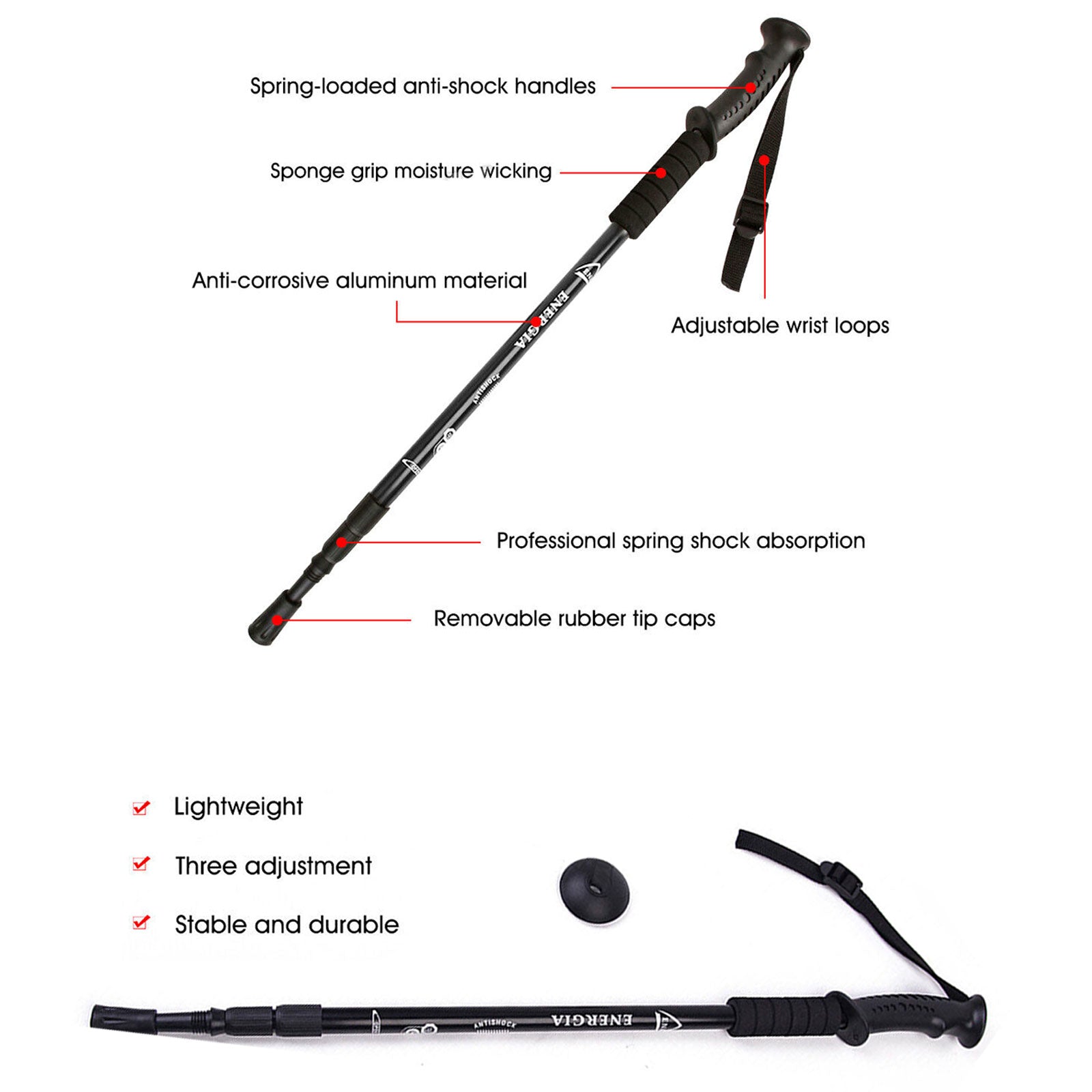 2x New Hiking Aluminium Trekking Poles Walking Stick Camping Black Lightweight