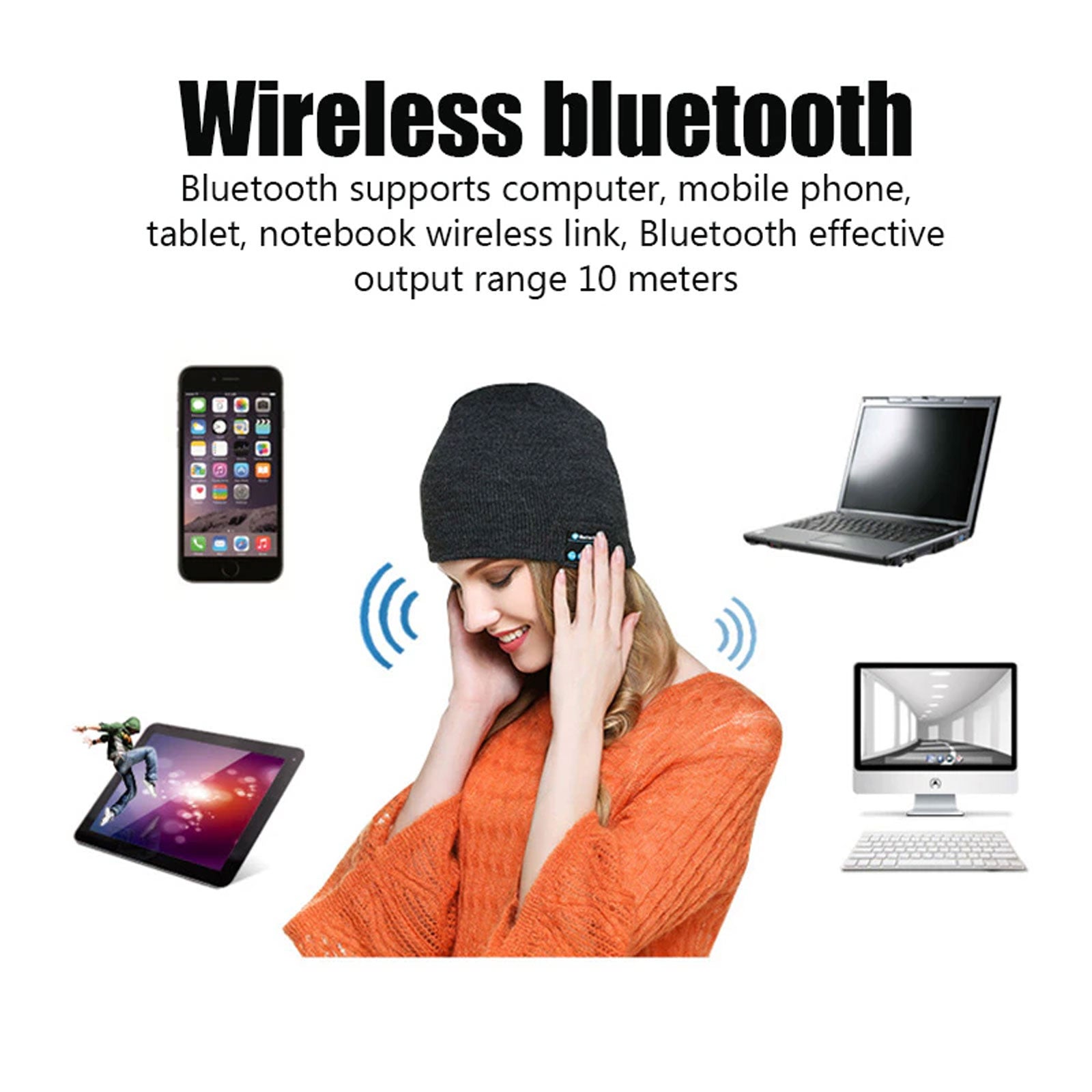 Wireless Bluetooth Music Beanie Hat With Speakers Rechargeable Unisex Head Black