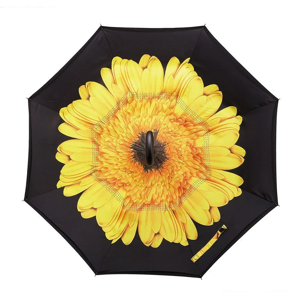 Windproof Double Layer Umbrella Reverse C-handle Upside Down Inverted Sunflower