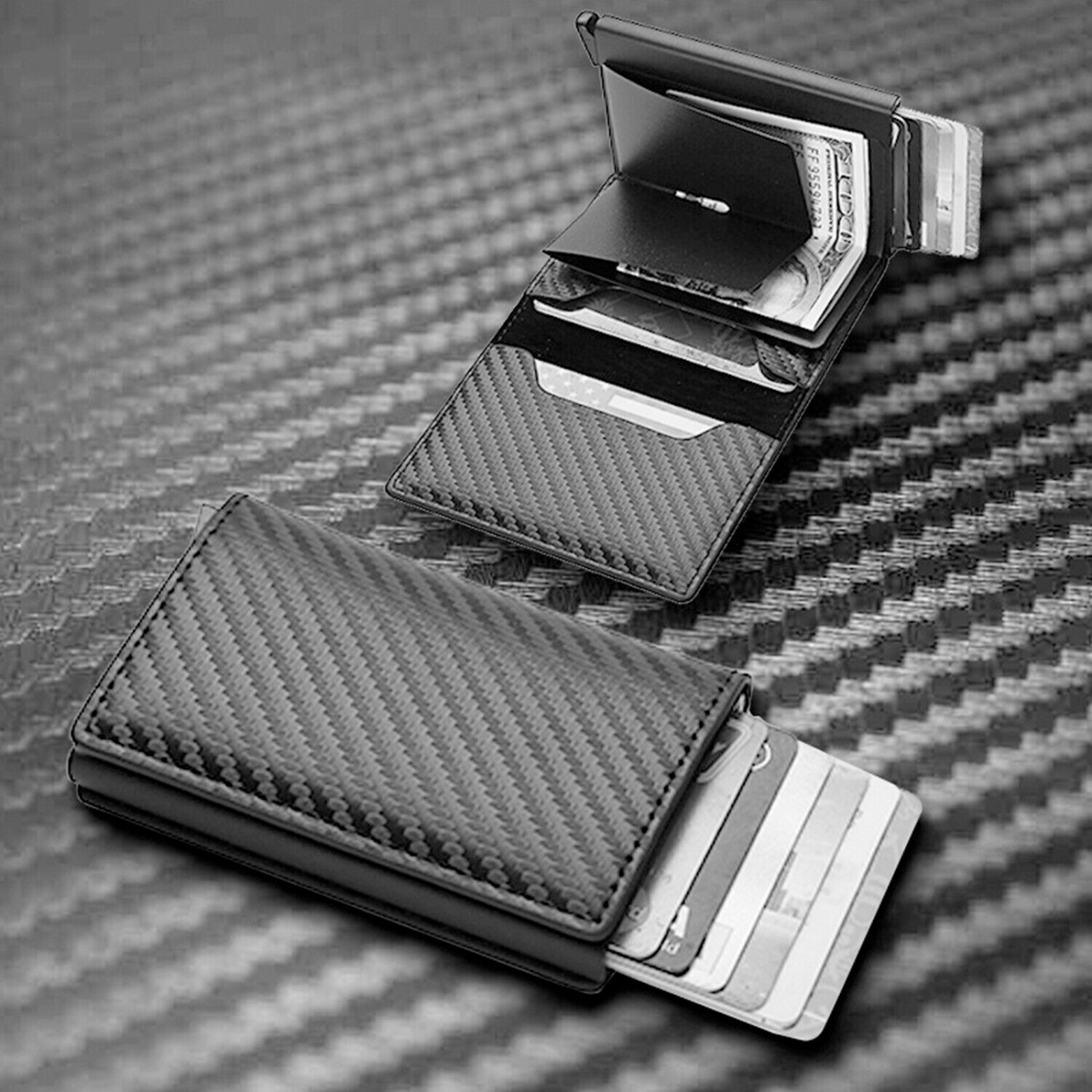 Black Carbon Fiber Wallet Credit Card ID Holder Men's RFID Blocking Slim Purse
