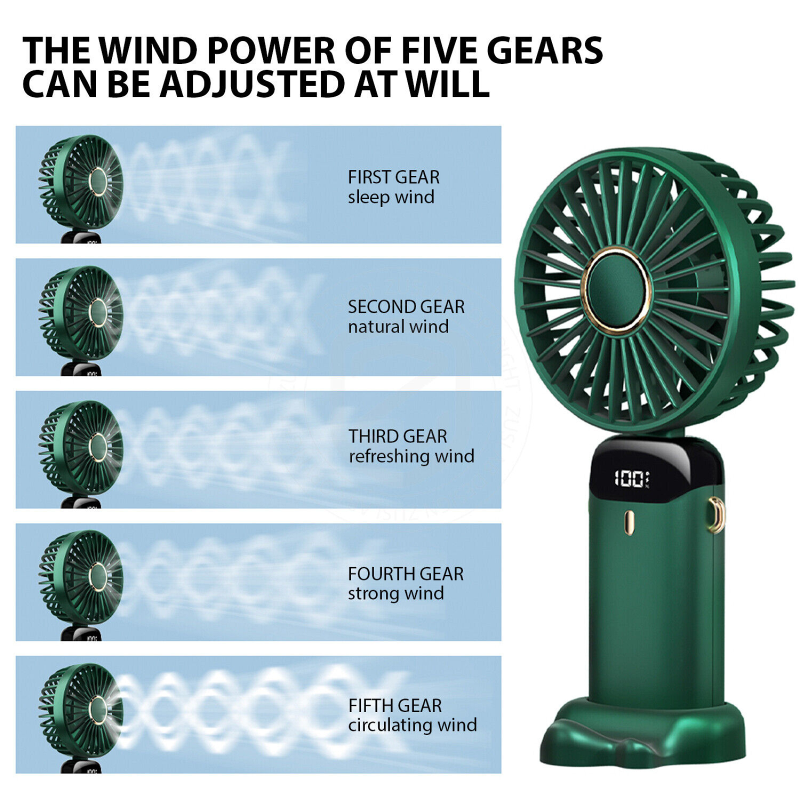5 Speeds & Digital Display Ultra Quiet Handheld Fan Rechargeable USB Green