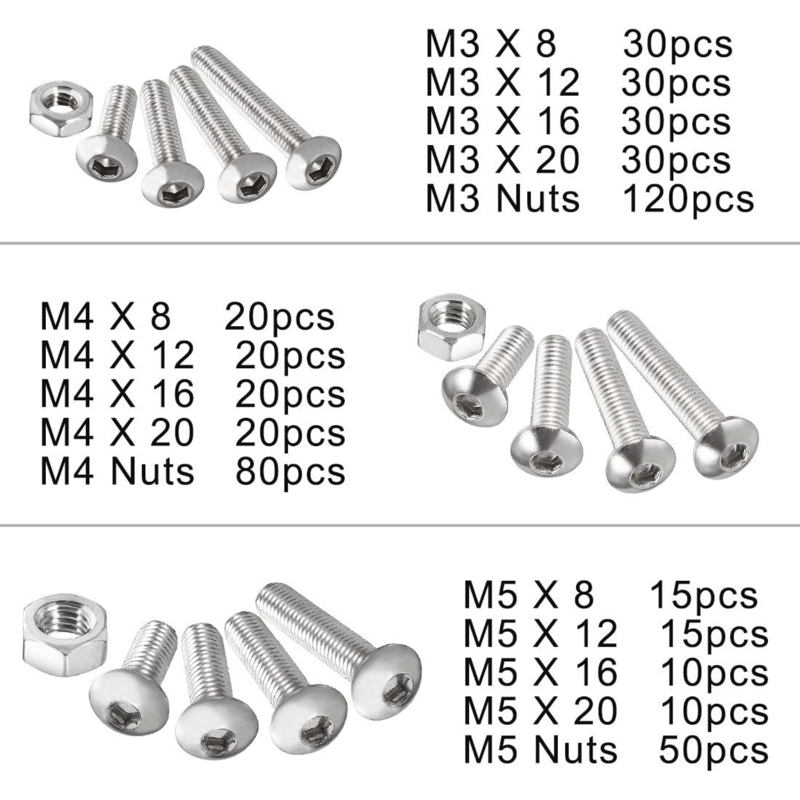 Nuts Screws Hex Head M3/M4/M5 Assorted Kit 500pcs Stainless Steel Bolts Set