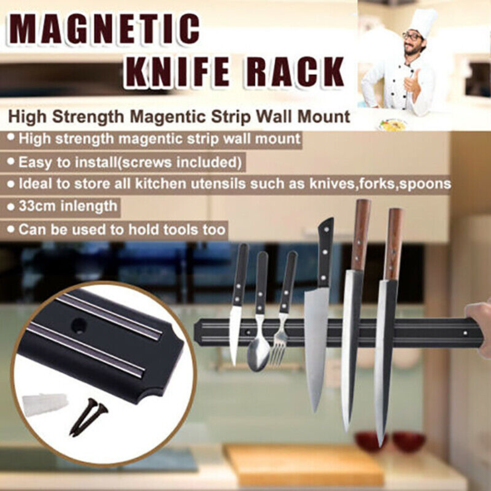 Wall Mount Holder Strip Utensil 2x Magnetic Knife Rack Magnet Shelf Kitchen Tool
