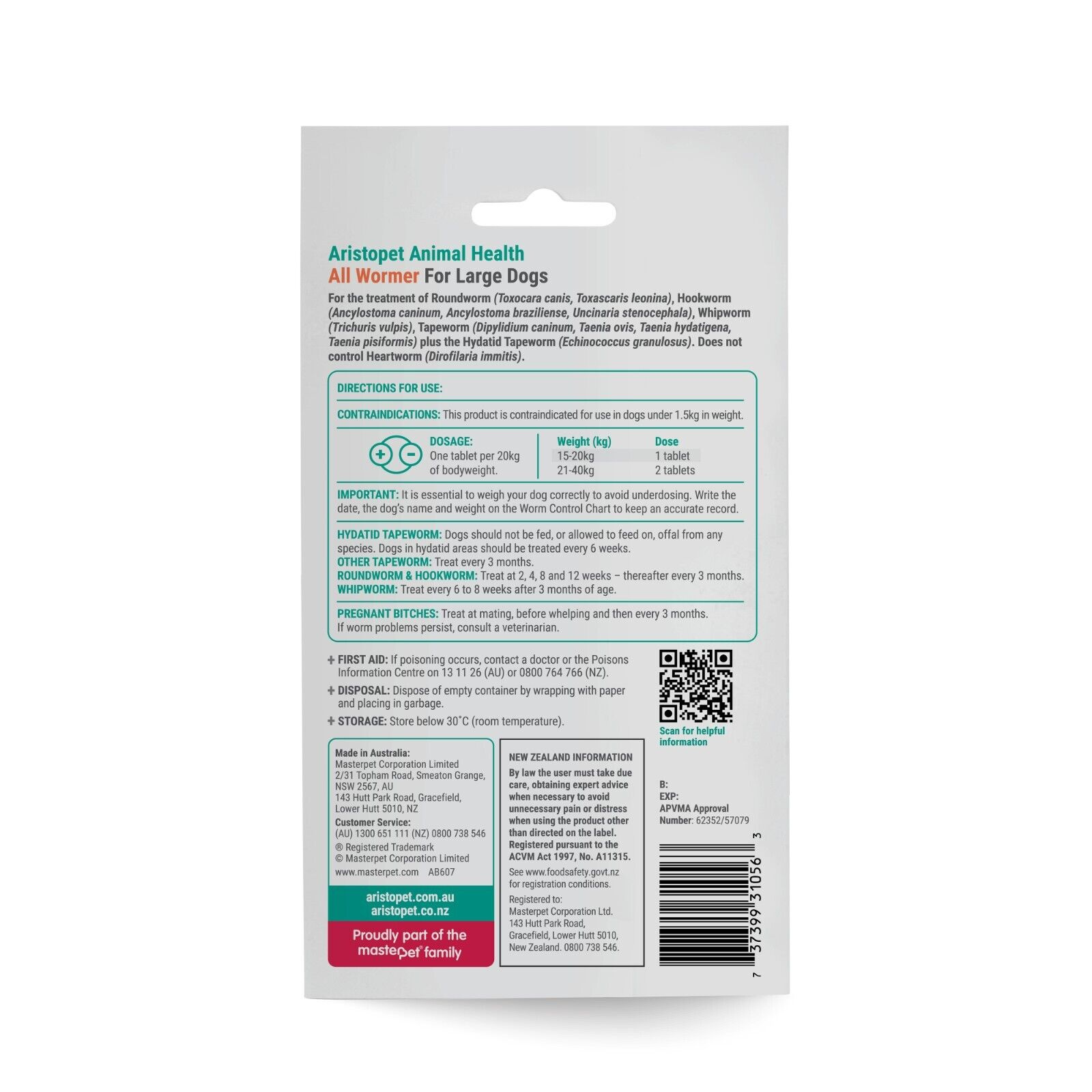 Dog Worming Tablets Aristopet All Wormer for Large Dogs 4 Pack