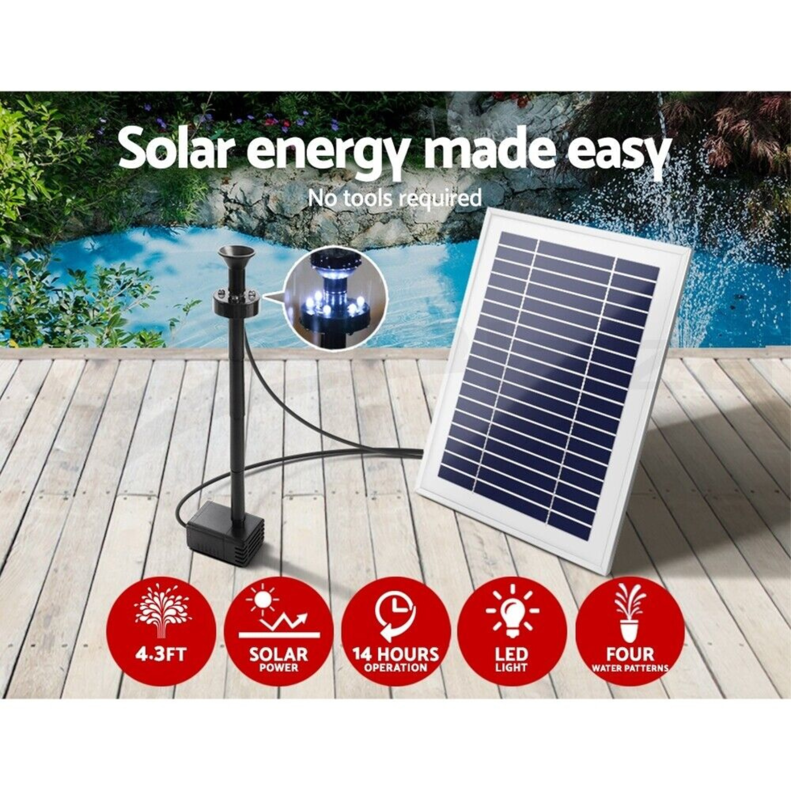 Battery Kit LED Lights Submersible 4.3FT Gardeon Solar Pond Pump Water Fountain