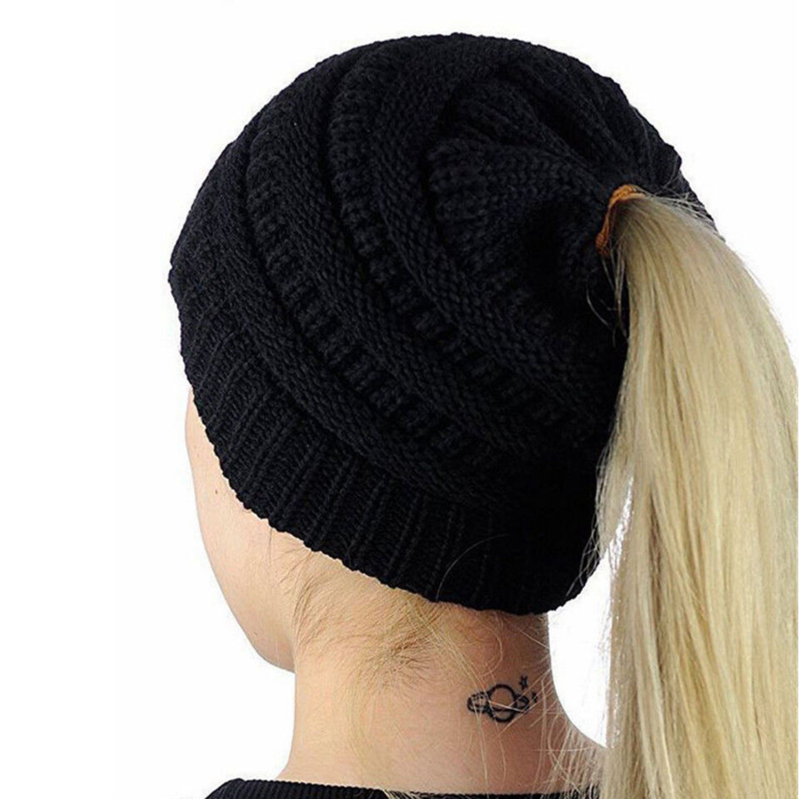Winter Beanie Hair Ponytail Cap Comfy Stretch Knitted Hat Pony Tail Womens