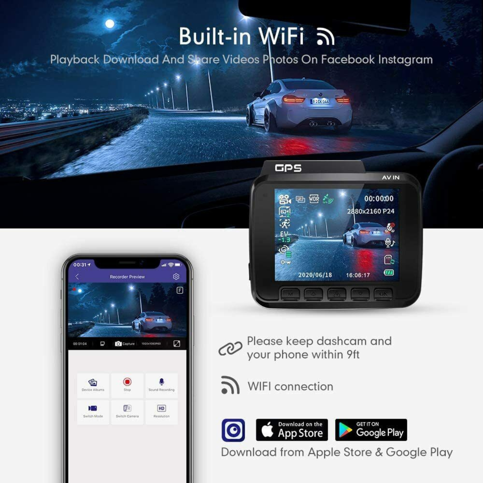 Dash Cam Car DVR Camera AZDOME GS63H 4K Car WIFI GPS Video Recorder