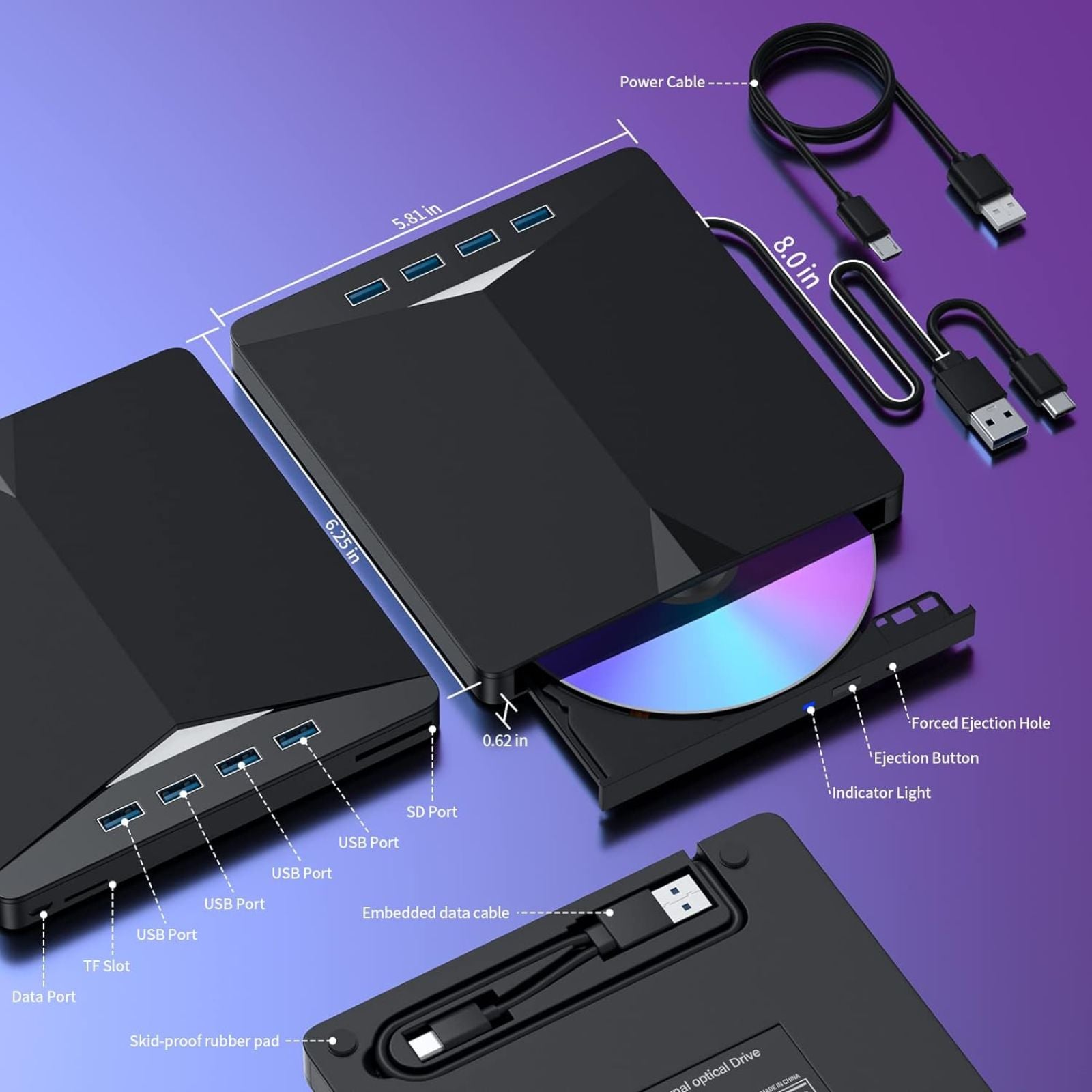 External Drive USB-C Player CD DVD Reader 3.0 Burner Hub/Slim PC 7 in 1 Writer