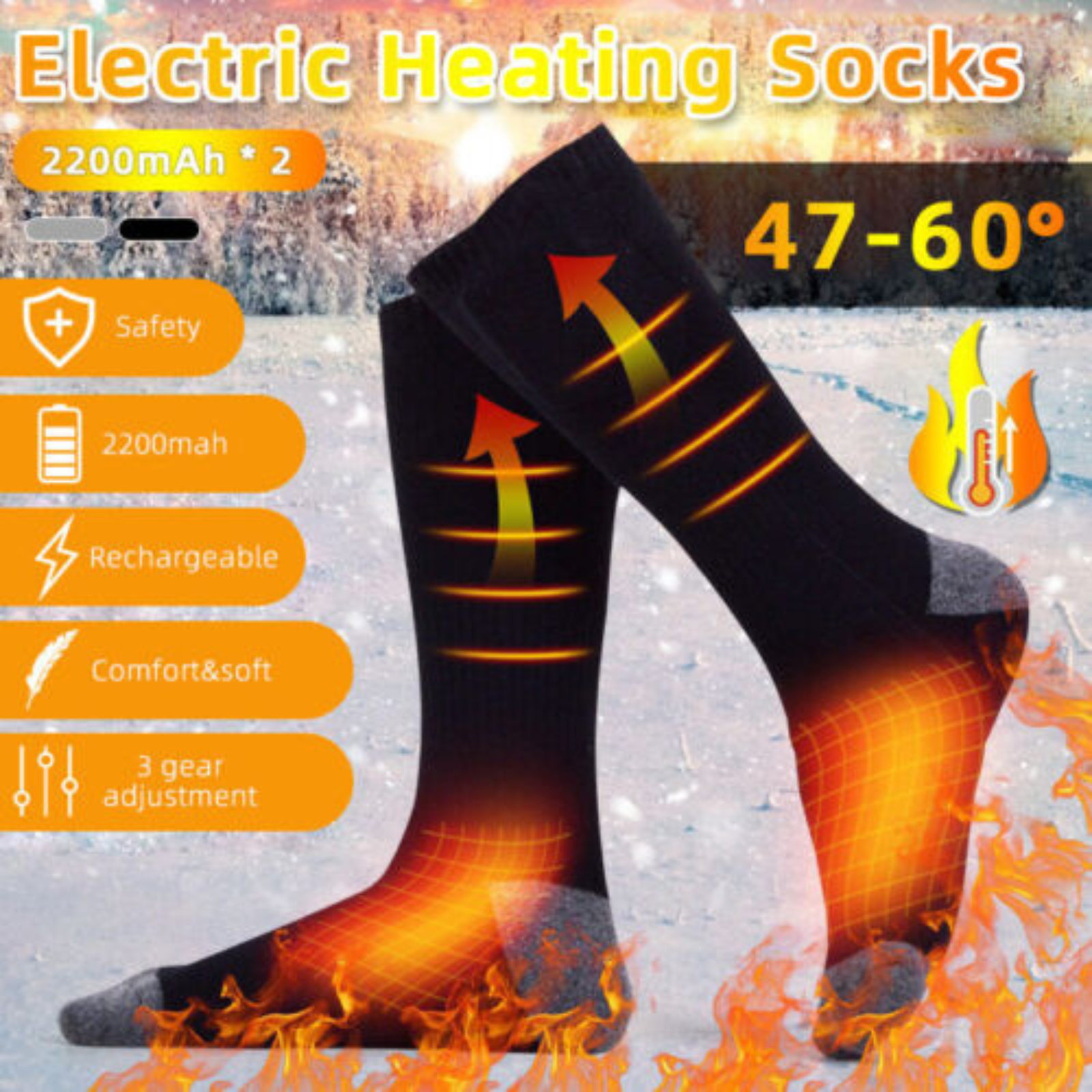 Black Warm Sock Rechargable Battery Feet Warmer Winter Electric Heated Socks
