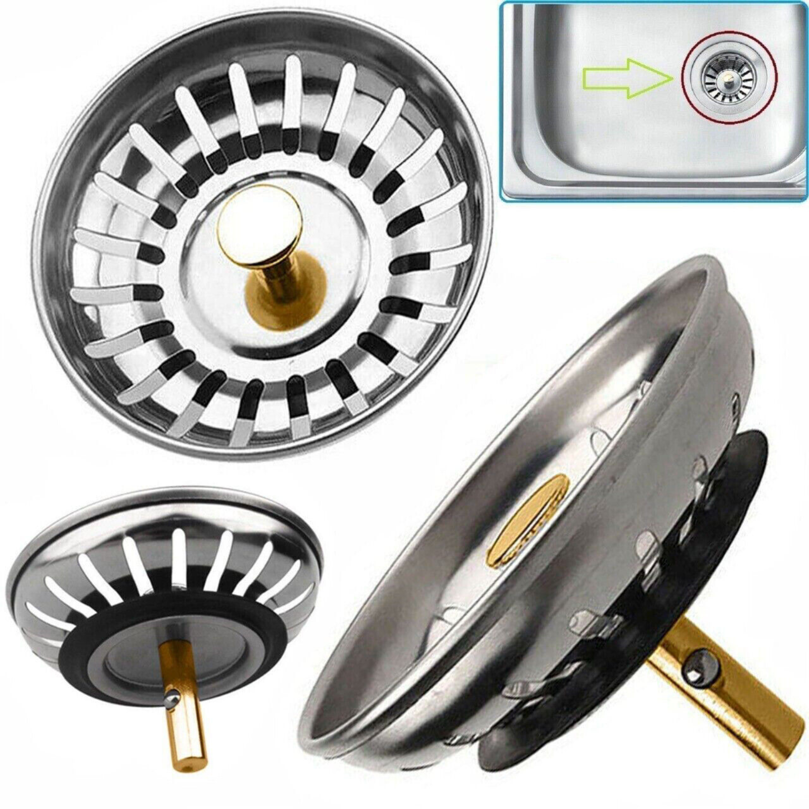 Waste Plug Filter 2x Stainless Steel Kitchen Sink Strainer Drain Stopper Stock
