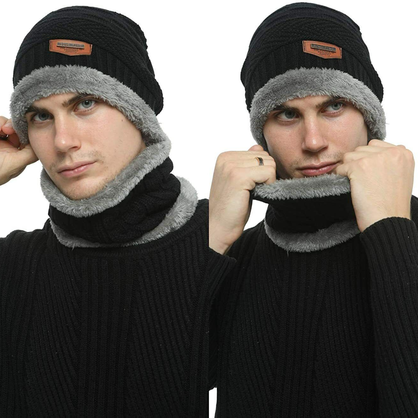 Black Ski Cap Neck Warm Beanie Fleece Winter Knitted Hat Men Fur Women