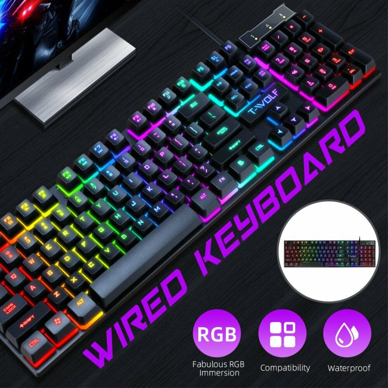 104 Keys Keyboard RGB LED Backlit Wired USB Mechanical Gaming For Windows PC