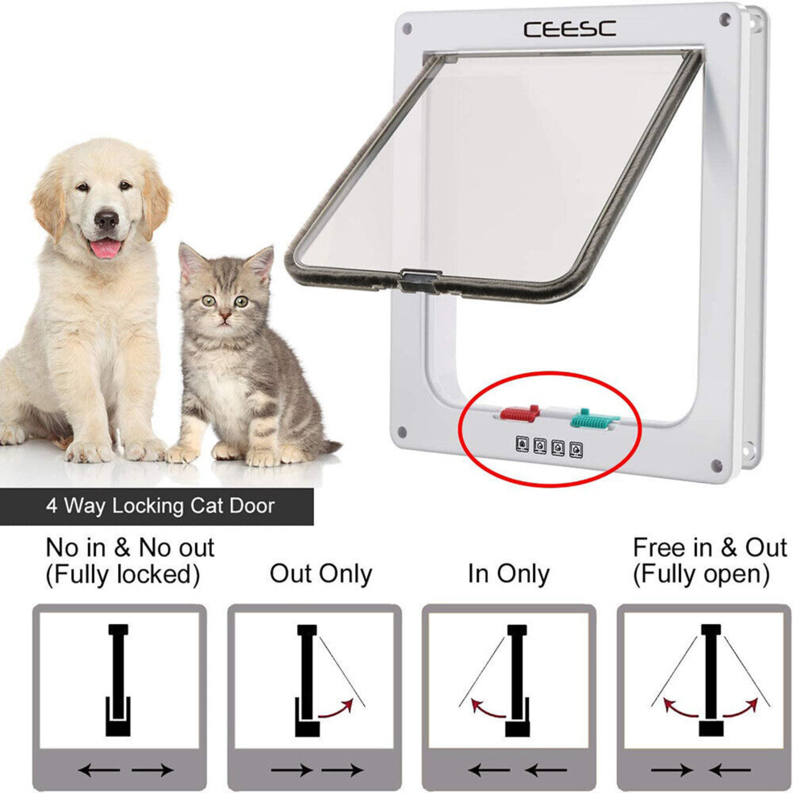 4-Way Lockable Door Pet Dog Cat Lockable Brushy Flap Door Screen