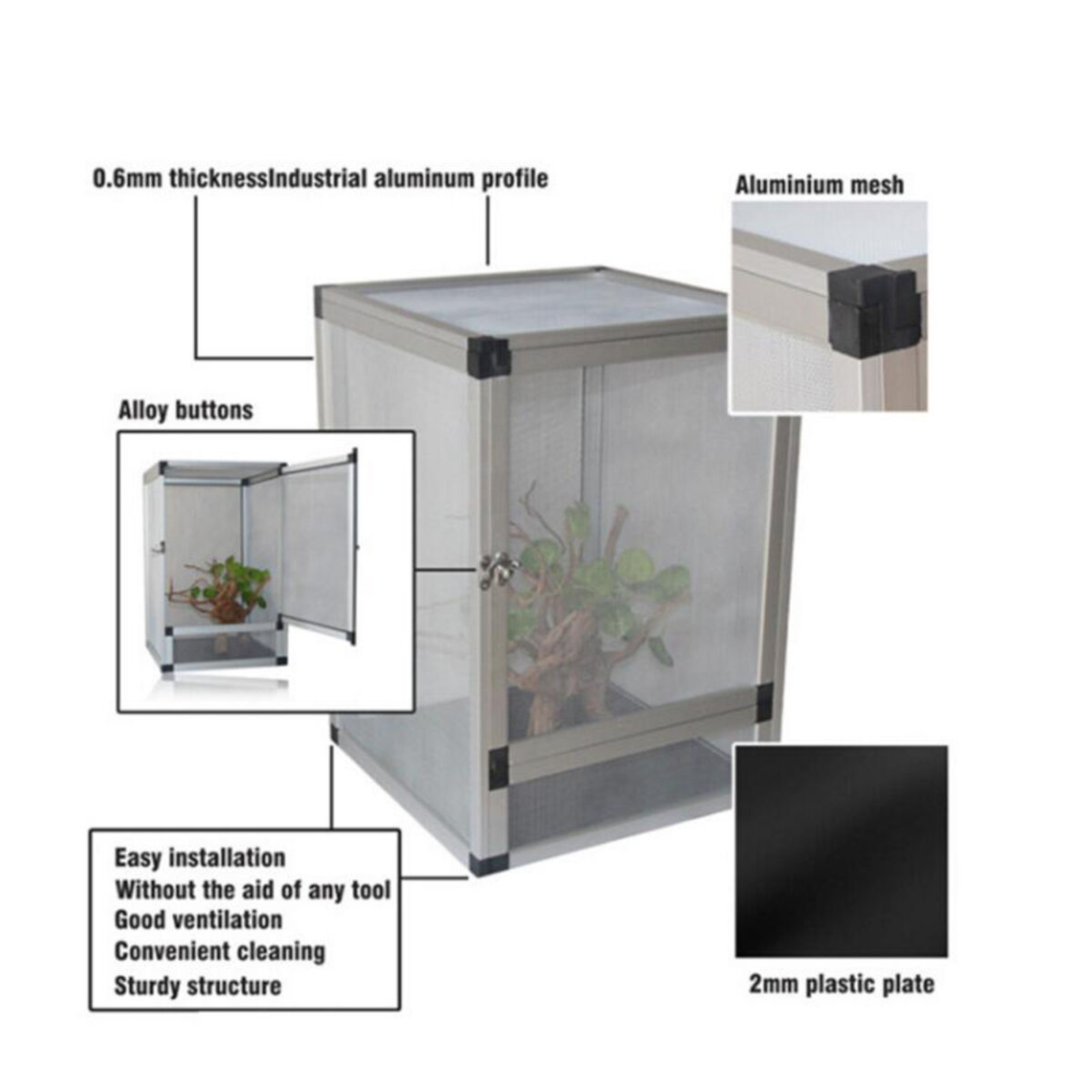 Aluminum Alloy Reptile Enclosure Lizard Snake Insect Mesh Cage Silver