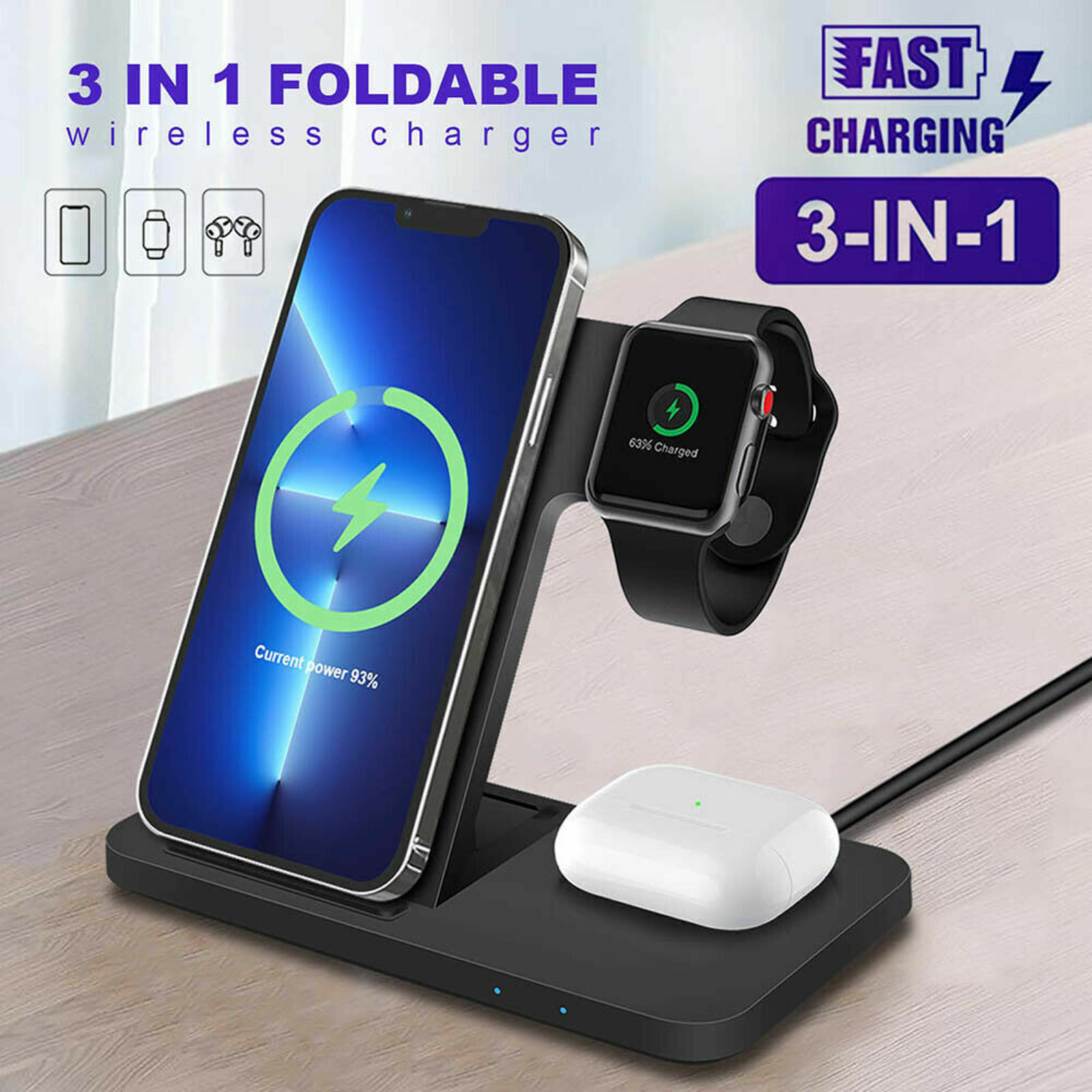 3 in 1 Black Foldable Wireless Dock Charger Apple Watch iPhone 15 Pro 14 13 XS