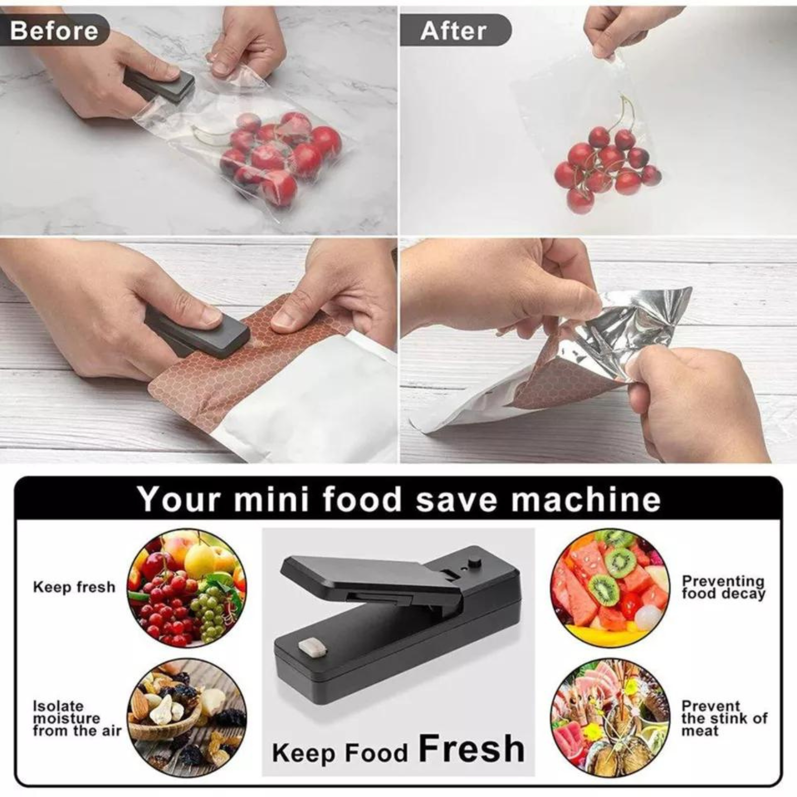 Black Food Sealer Plastic Bag Portable Mini Heat Sealing Machine Rechargeable