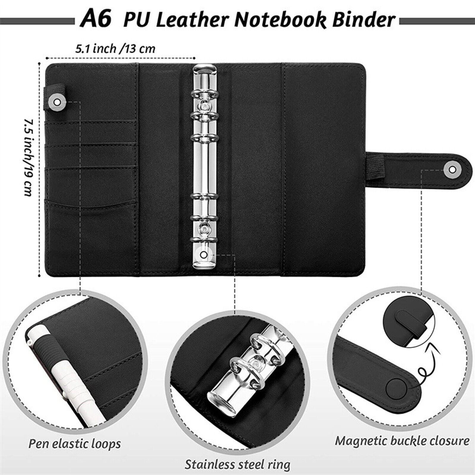 Black Notebook Binder Budget Planner PU Leather Organizer Cover Cash Pockets