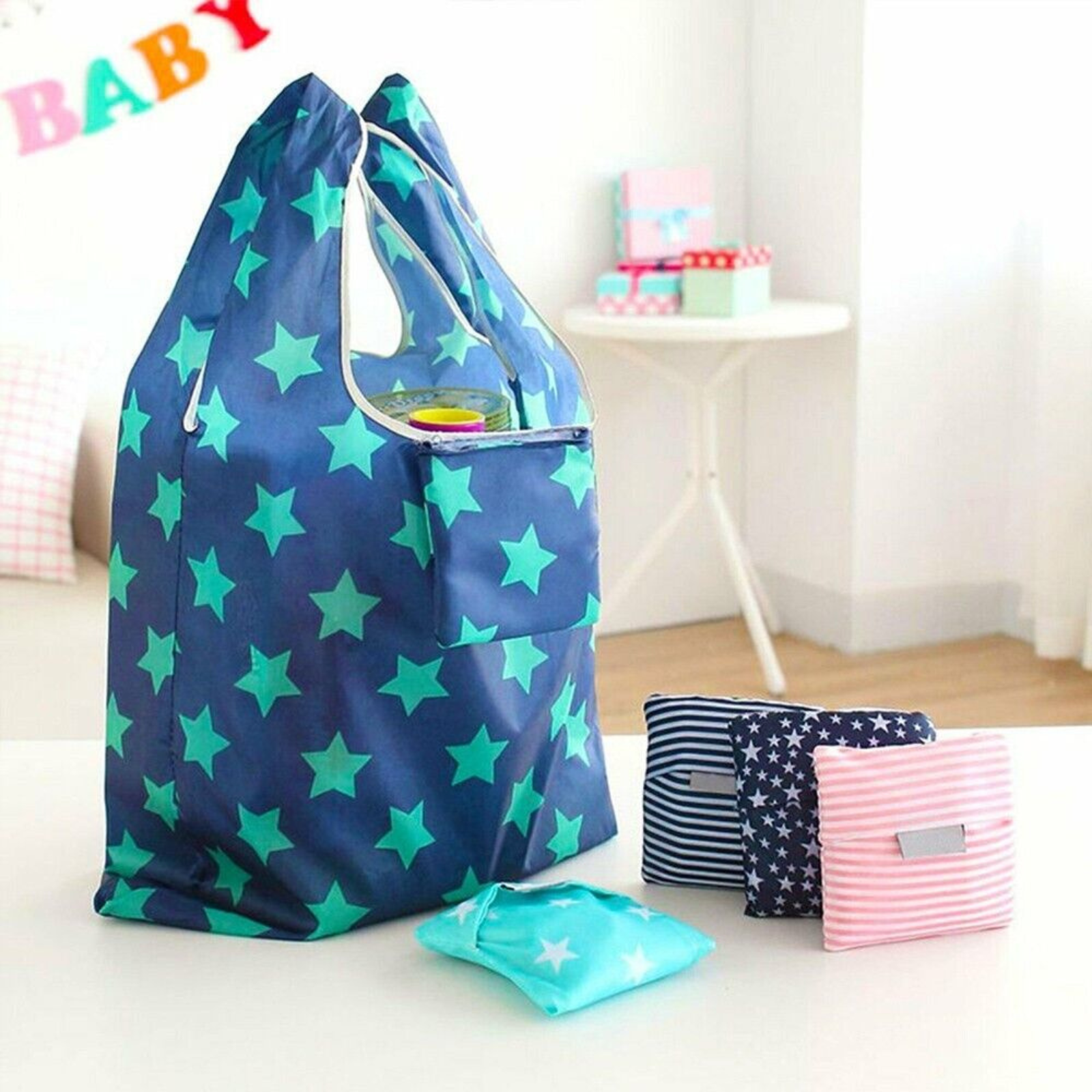 Grocery Shopping Carry Nylon Reusable Foldable Recycle Tote Bags Blue Big Star