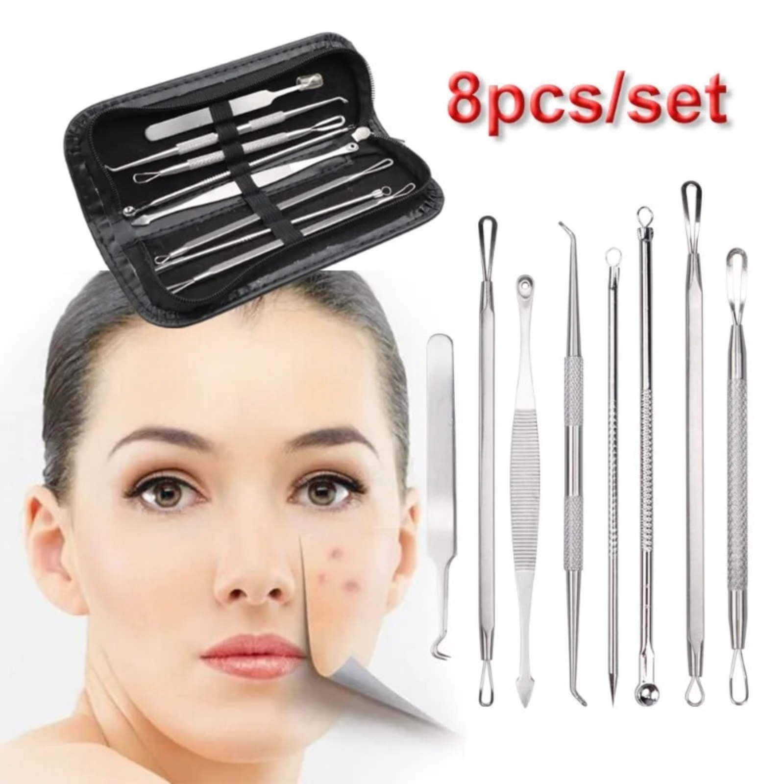 Extractor Remover 8pcs Pimple Popper Blackhead Acne Clip Needle Tweezer