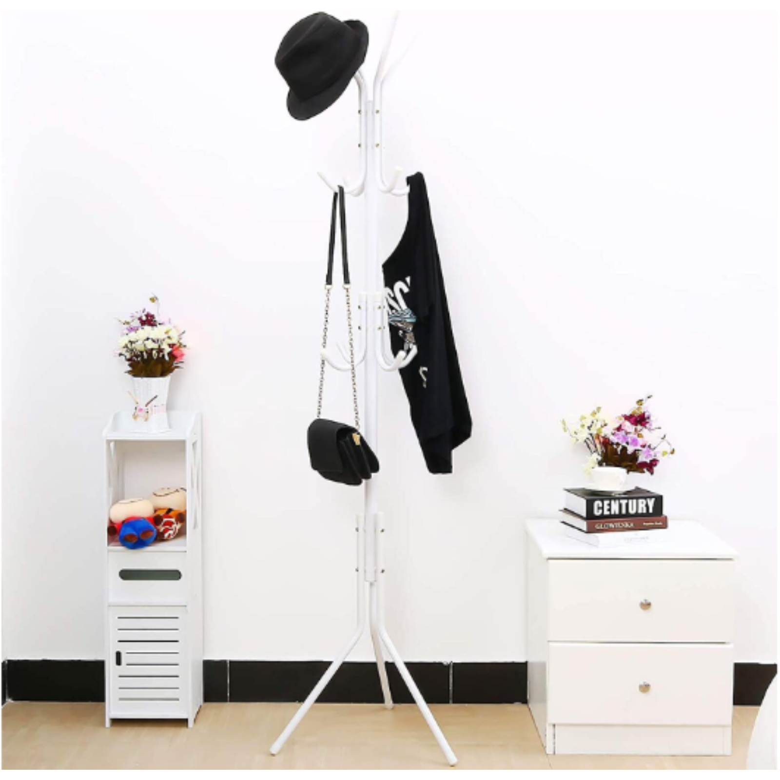 White 3-Tier Hat Coat Hanger Tree Style Steel Stand 12 Hook Clothes Rack