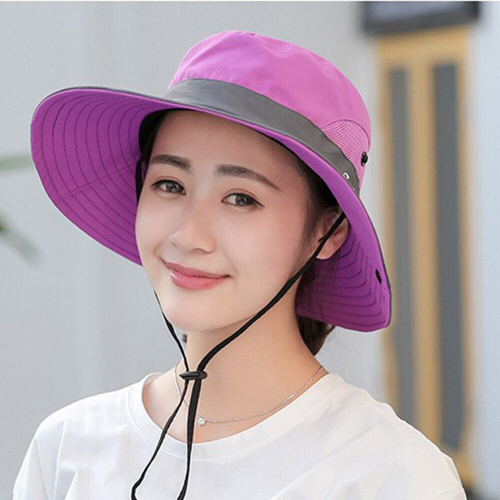 Hat Sun Protect Visor Summer Beach Cap Women Wide Brim Ponytail Anti UV Purple