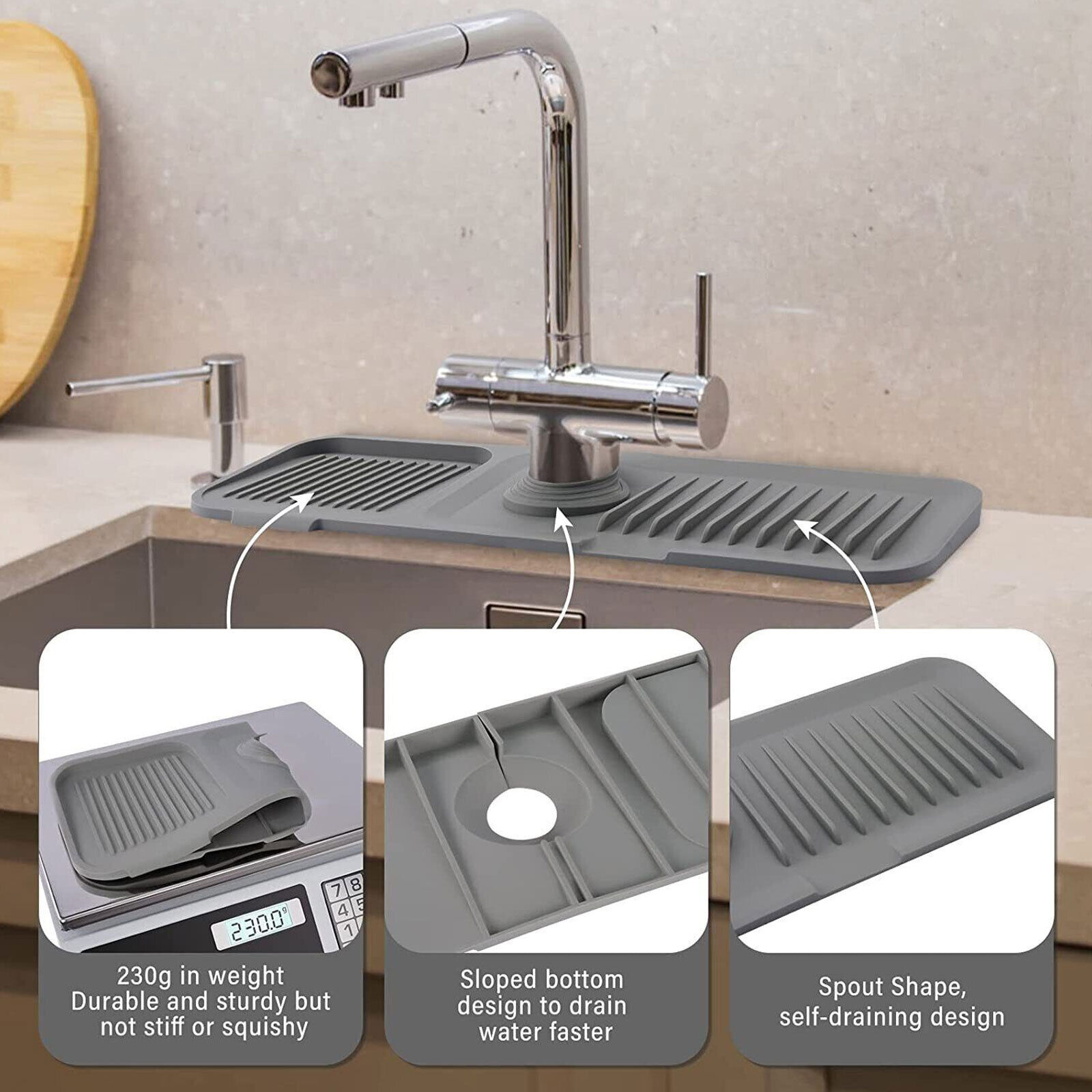 Grey Sink Draining Pad Silicone Faucet Mat For Kitchen Sink - Splash Guard