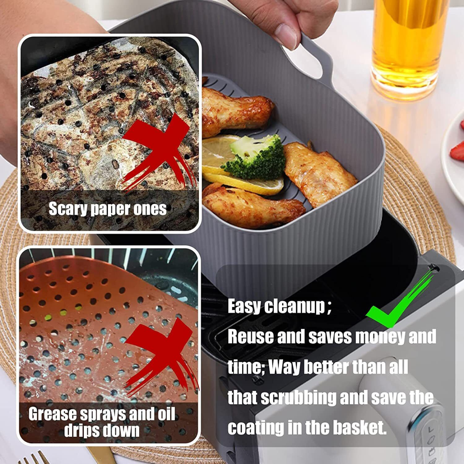 Grey Rectangle Reusable Baking Tray Air Fryer Durable Silicone Pot Basket Liner