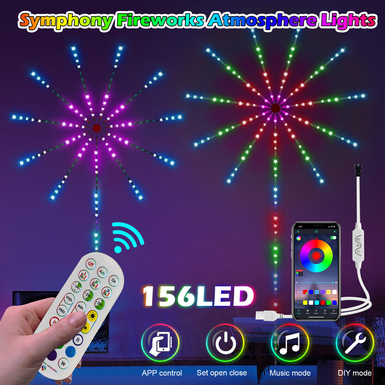 Smart Music Sync APP+Remote Control 156LED Firework Strip Lights Dream Color RGB