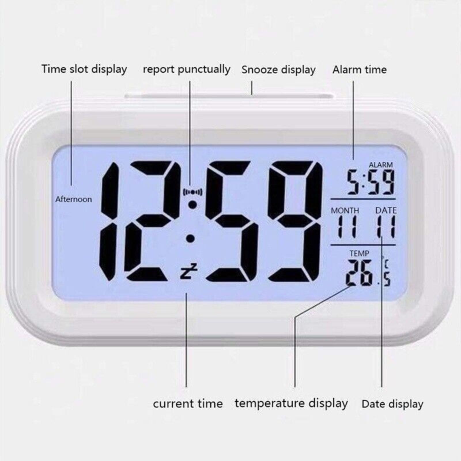 Alarm Clock Time Temperature Digital Bedside LED Snooze Day/Night Desktop Clock
