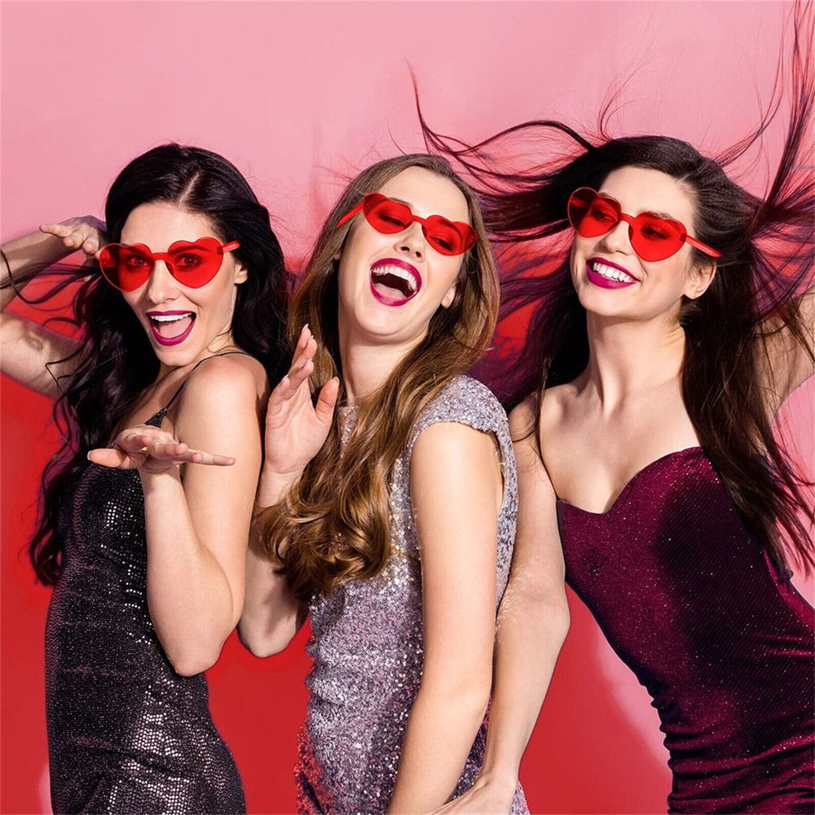 Rose Red Clear Lens Rimless Festival Glasses Love Heart Shape Sunglasses