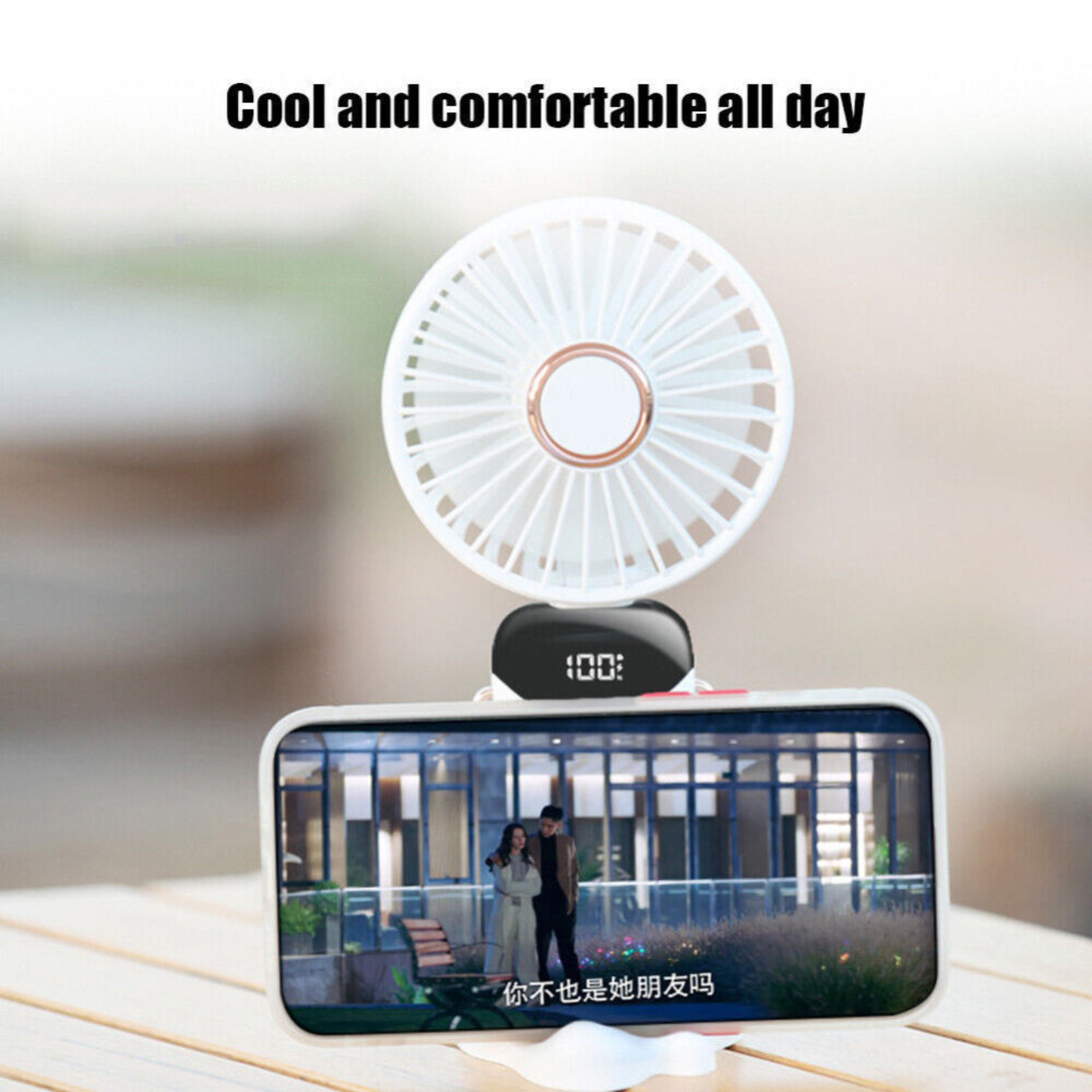 5 Speeds & Digital Display Ultra Quiet Handheld Fan Rechargeable USB White